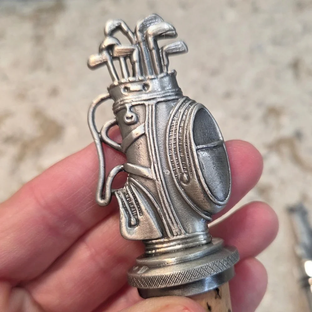 Vintage Golf Wine Bottle Stoppers Set 3 Pewter Tone Golf Ball Bag Sports Decor